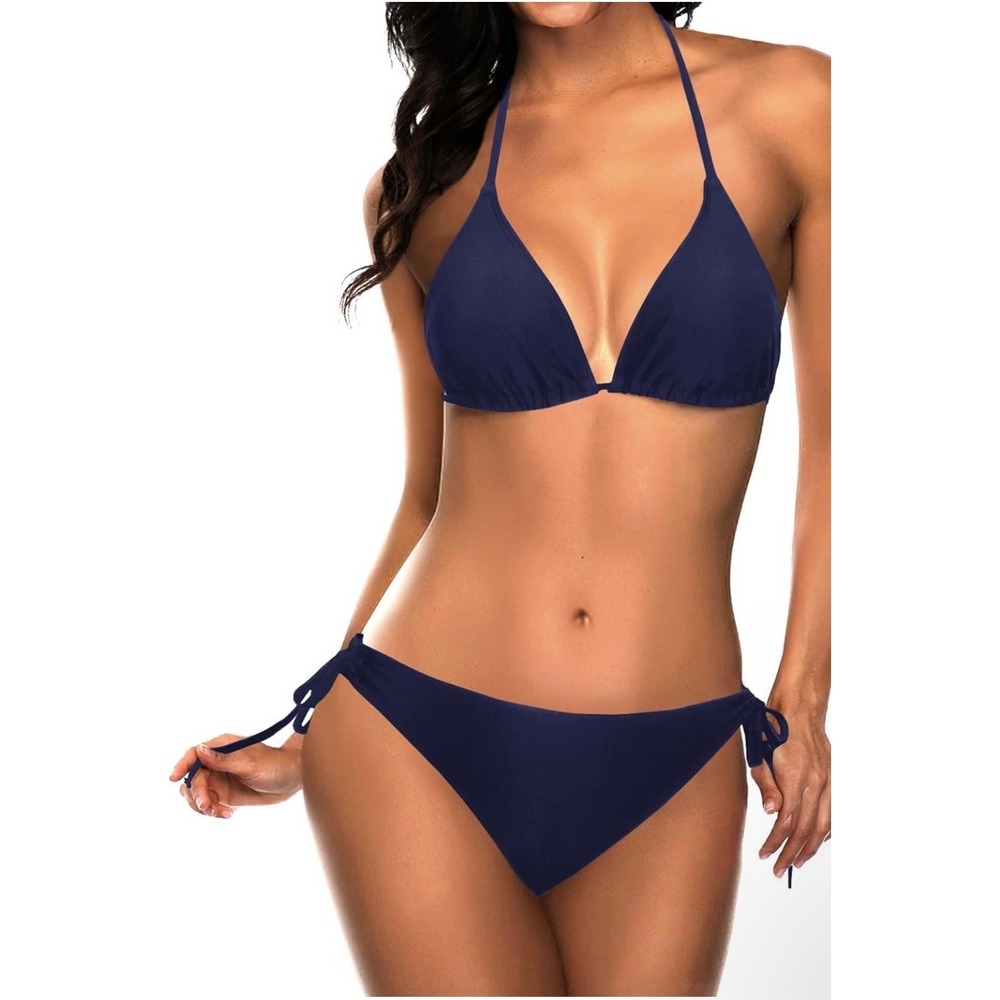 Tempt‎ Me Womens Navy Blue Triangle Halter Side Tie Bikini Set Size XL